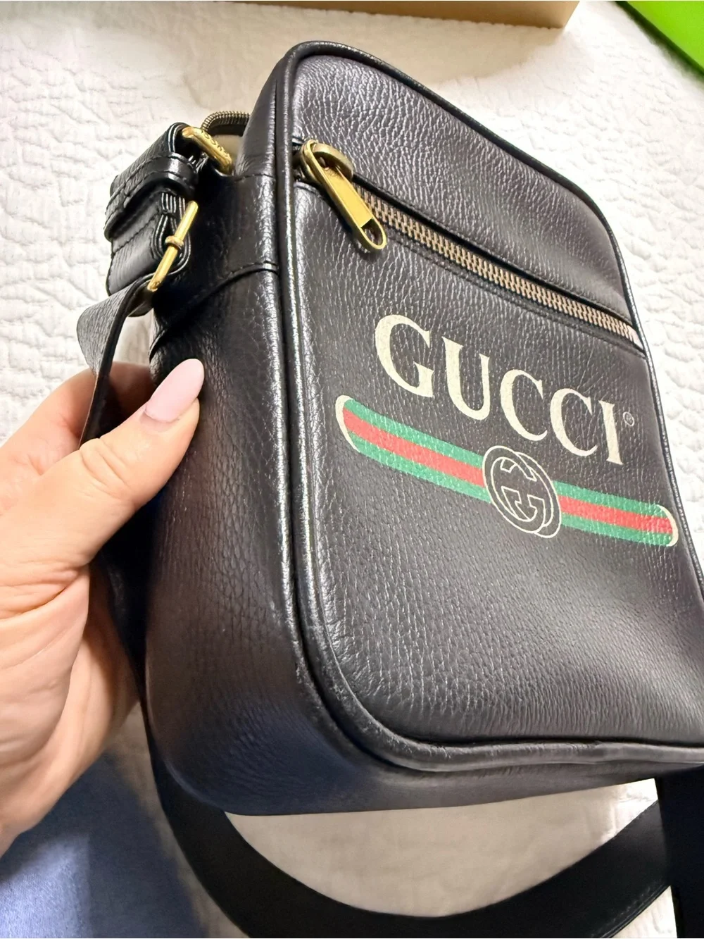 Gucci Black Leather Messenger Bag with Green-Red Web Stripe